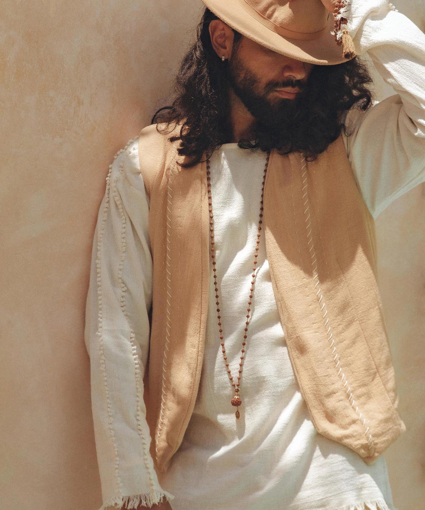 Beige Hand Embroidered Vest for Men - AYA Sacred Wear