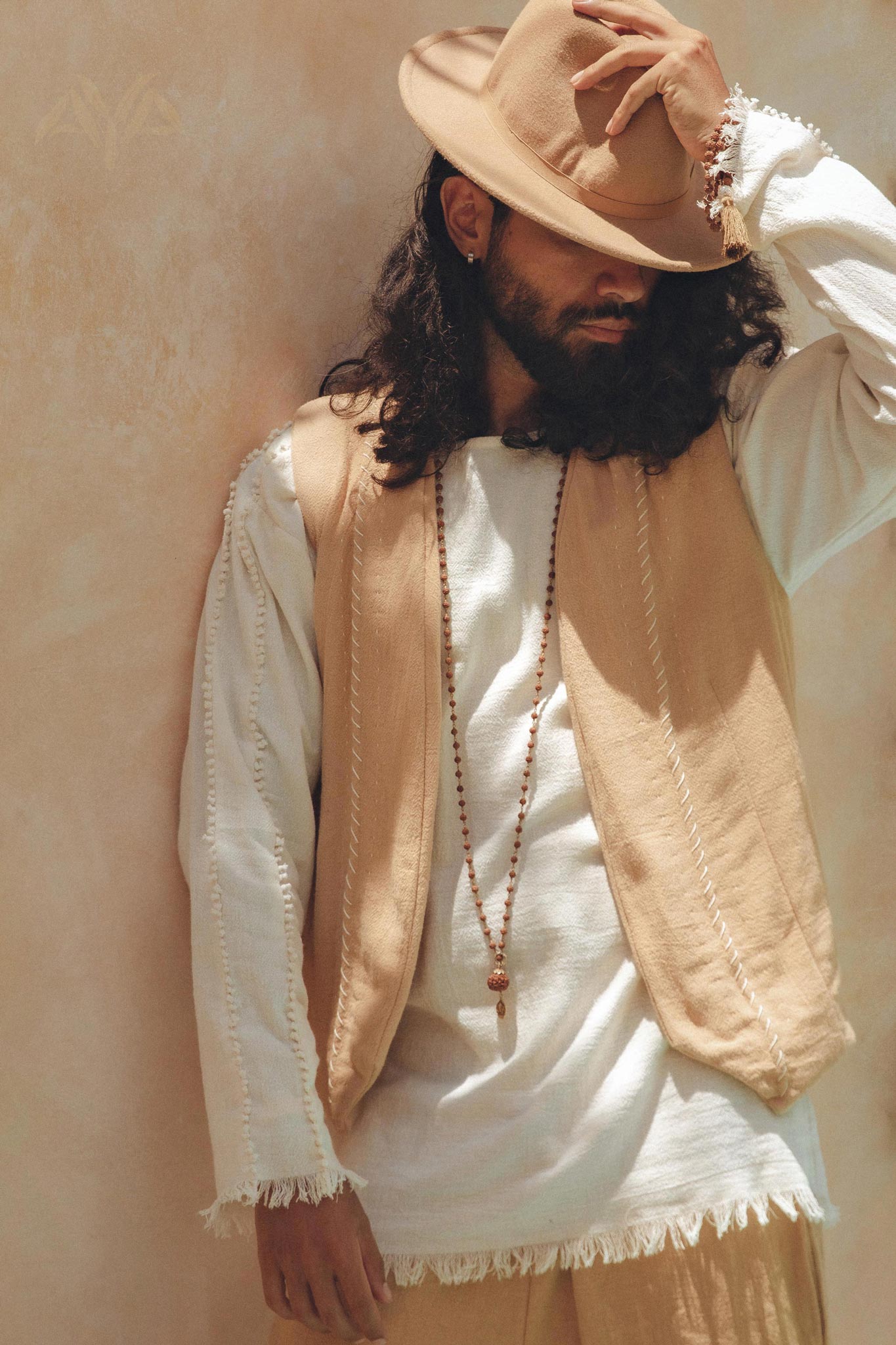 Beige Hand Embroidered Vest for Men - AYA Sacred Wear