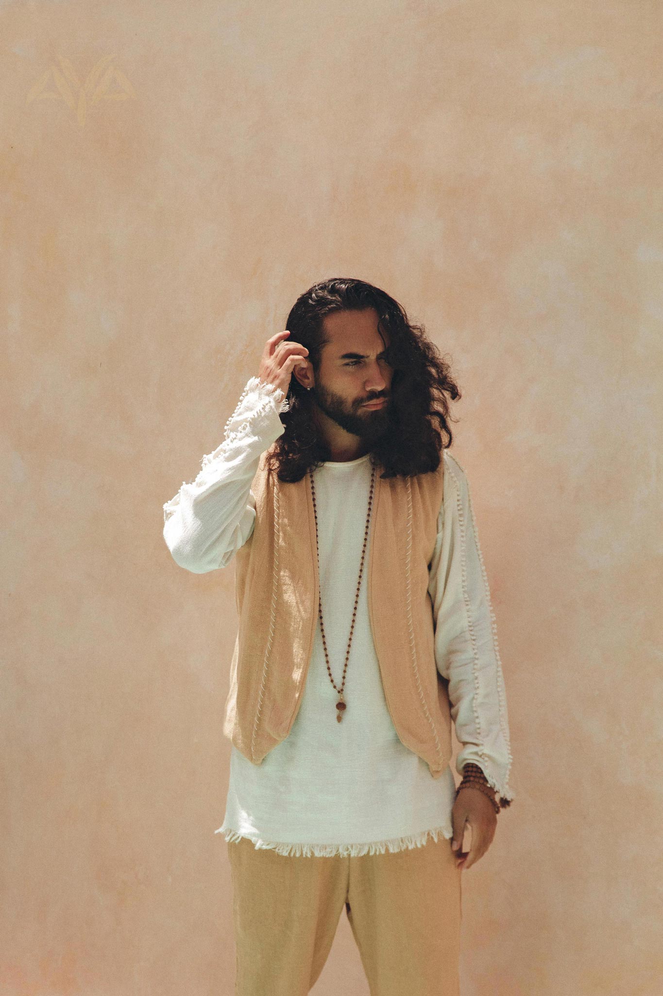 Beige Hand Embroidered Vest for Men - AYA Sacred Wear