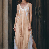 Beige Ochre Boho Handwoven Hand - Loomed See Through Dress - AYA Sacred Wear