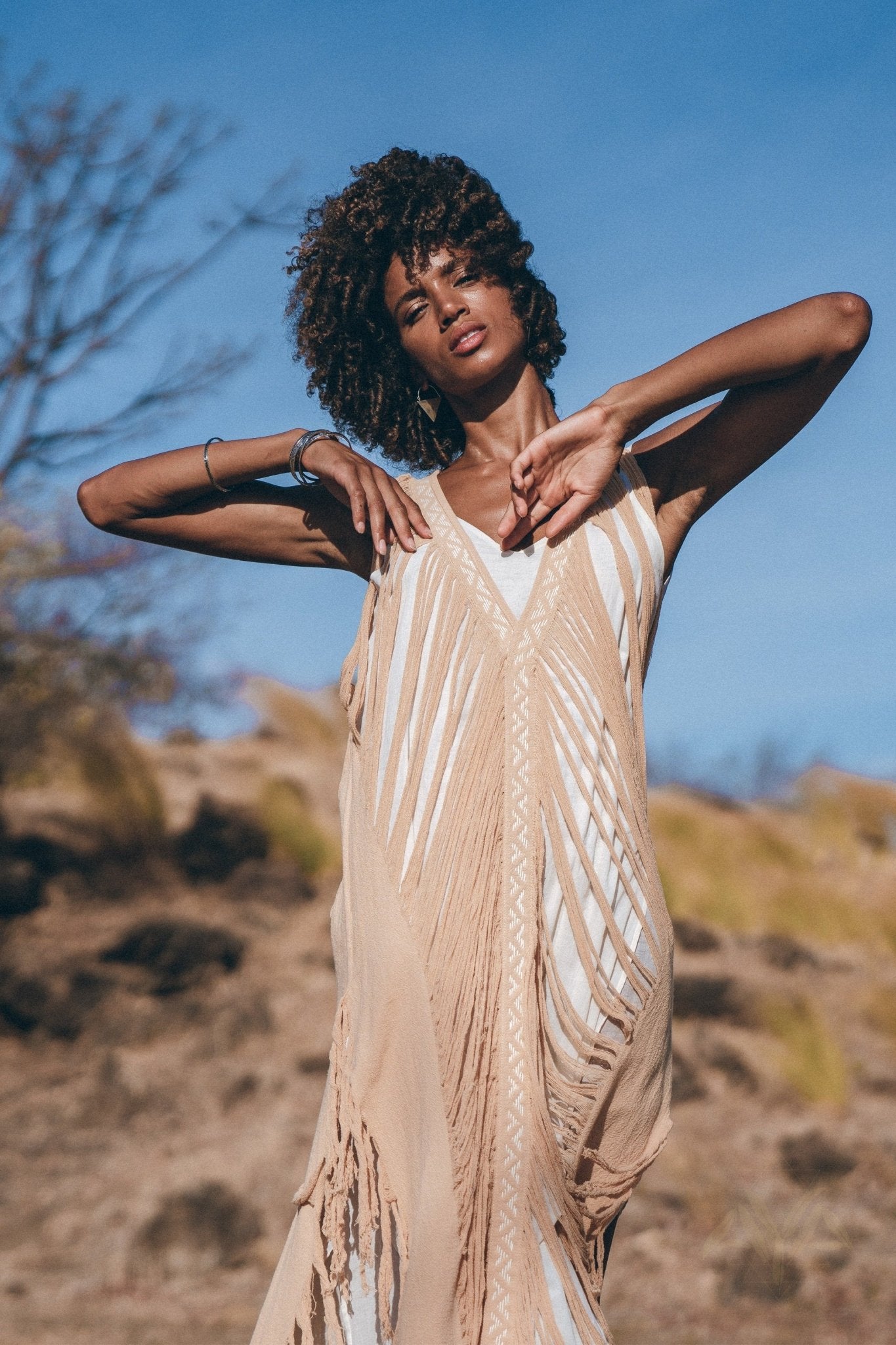 Beige Ochre Boho Handwoven Hand-Loomed See Through Dress - AYA Sacred Wear