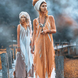 Beige Ochre Boho Handwoven Hand - Loomed See Through Dress - AYA Sacred Wear
