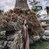 Beige Organic Cotton Bohemian Tribal Maxi Dress with Hand Loomed Tassels - AYA Sacred Wear