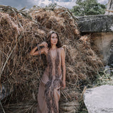 Beige Organic Cotton Bohemian Tribal Maxi Dress with Hand Loomed Tassels - AYA Sacred Wear