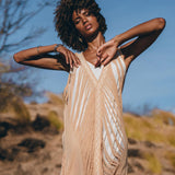 Add a touch of graceful elegance with beige ochre dress hand-woven for an exquisite look.