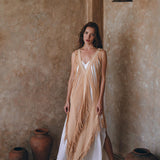 Boho beige ochre dress hand-woven and hand-loomed with intricate embroidery and tassel border.
