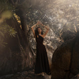 Black Aisha Dress • Macrame Toga Dress • One Shoulder Maxi Dress - AYA Sacred Wear