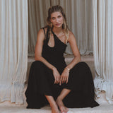 Black Aisha Dress • Macrame Toga Dress • One Shoulder Maxi Dress - AYA Sacred Wear