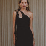 Black Aisha Dress • Macrame Toga Dress • One Shoulder Maxi Dress - AYA Sacred Wear