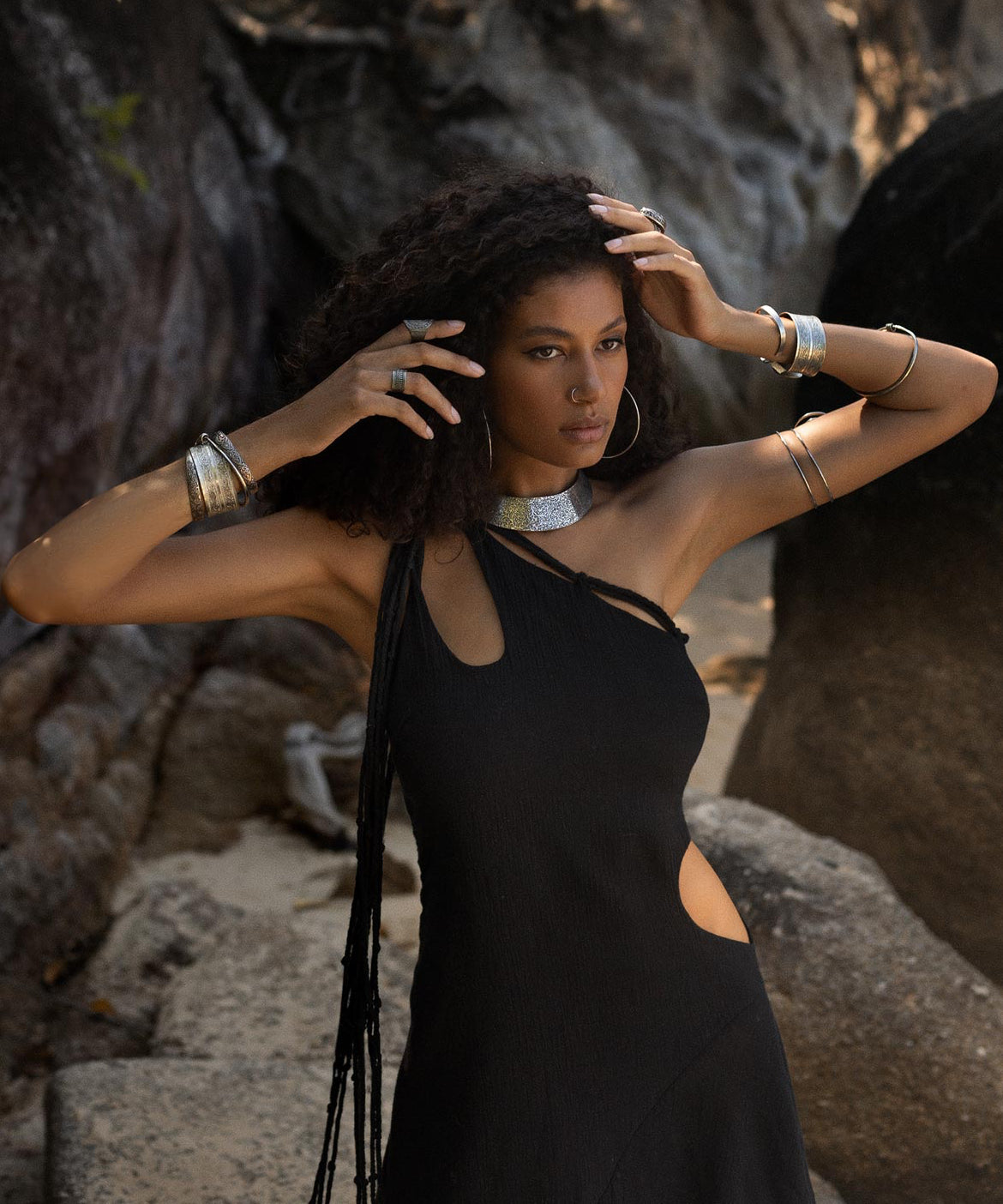 Black Aisha Dress • Macrame Toga Dress • One Shoulder Maxi Dress - AYA Sacred Wear