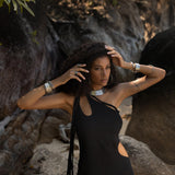 Black Aisha Dress • Macrame Toga Dress • One Shoulder Maxi Dress - AYA Sacred Wear