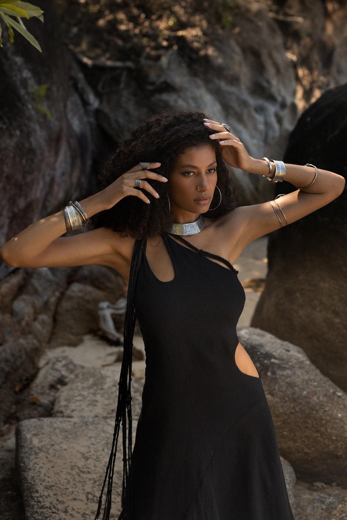 Black Aisha Dress • Macrame Toga Dress • One Shoulder Maxi Dress - AYA Sacred Wear
