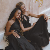 Black Aisha Dress • Macrame Toga Dress • One Shoulder Maxi Dress - AYA Sacred Wear