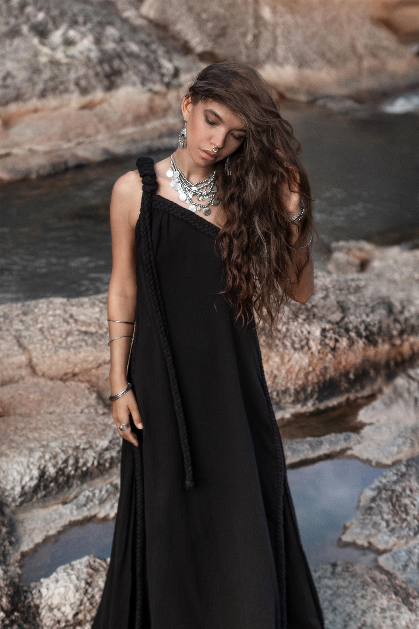 Black Aurora Greek Goddess Dress • Cold Shoulder Maxi Dress • Gothic Grecian Dress - AYA Sacred Wear