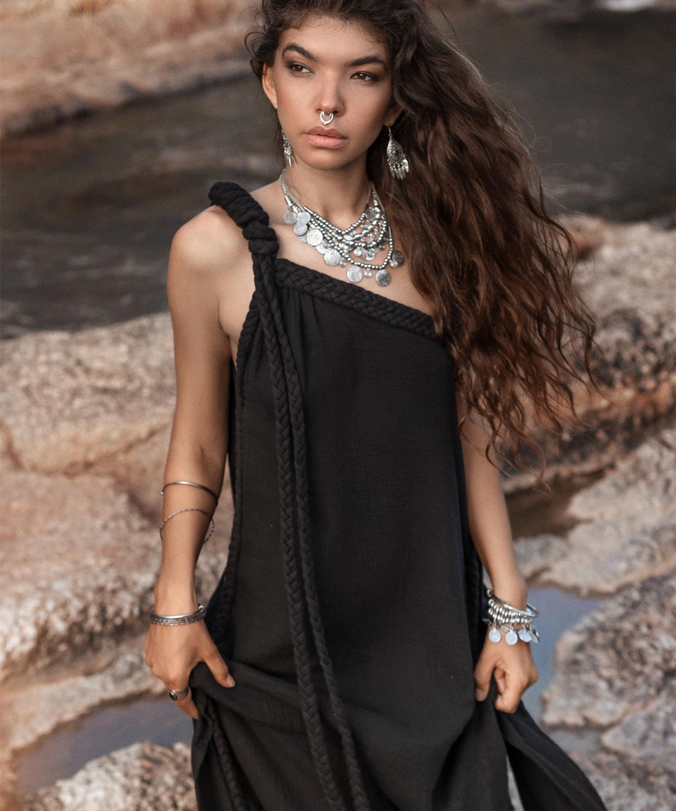 Black Aurora Greek Goddess Dress • Cold Shoulder Maxi Dress • Gothic Grecian Dress - AYA Sacred Wear