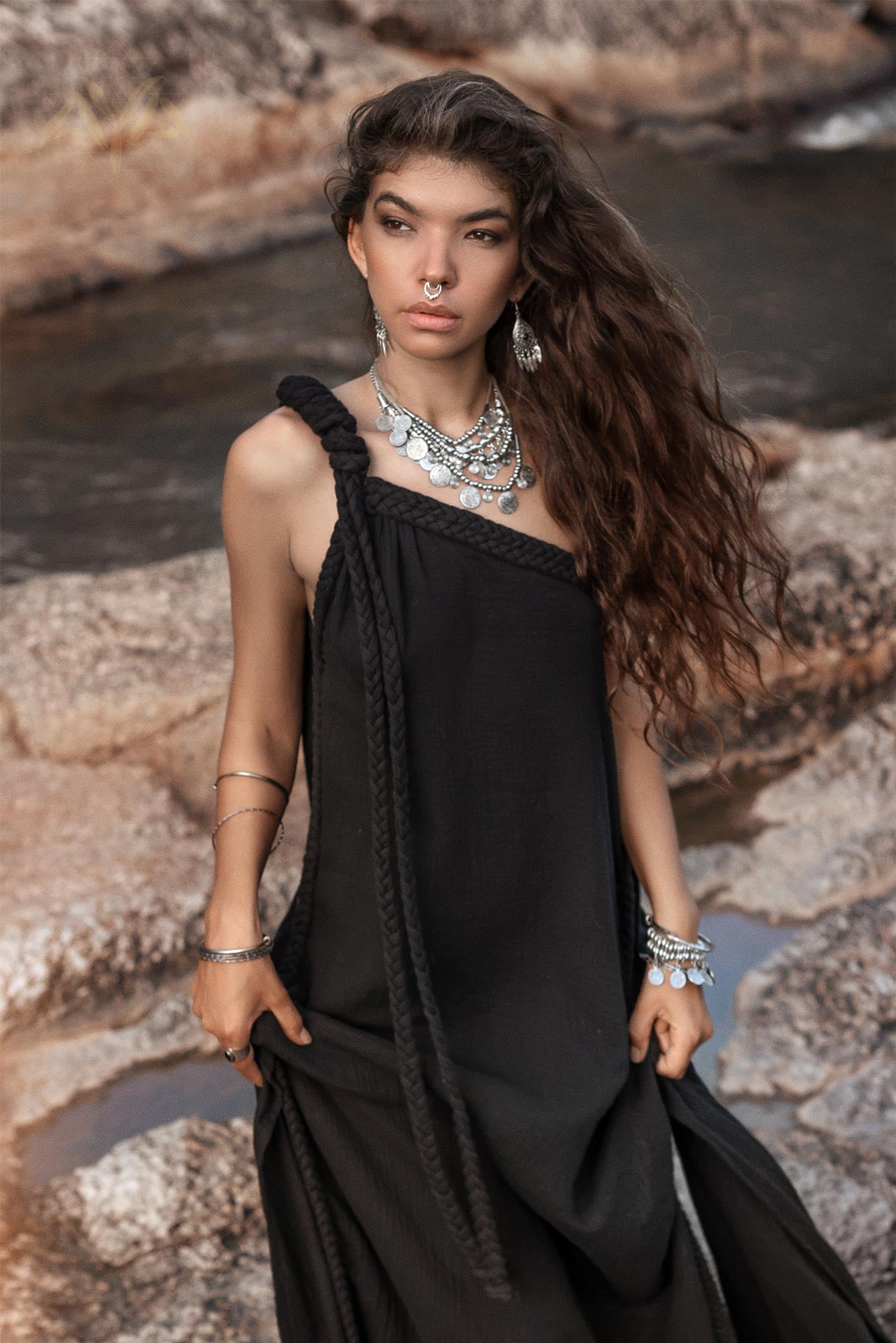Black Aurora Greek Goddess Dress • Cold Shoulder Maxi Dress • Gothic Grecian Dress - AYA Sacred Wear