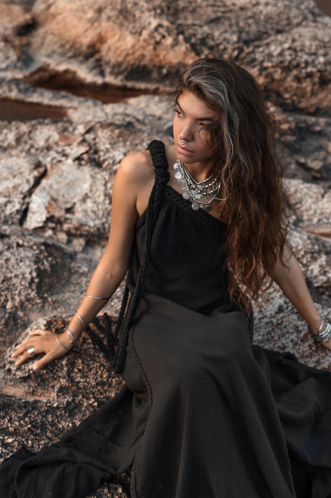 Black Aurora Greek Goddess Dress • Cold Shoulder Maxi Dress • Gothic Grecian Dress - AYA Sacred Wear