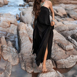 Black Aurora Greek Goddess Dress • Cold Shoulder Maxi Dress • Gothic Grecian Dress - AYA Sacred Wear