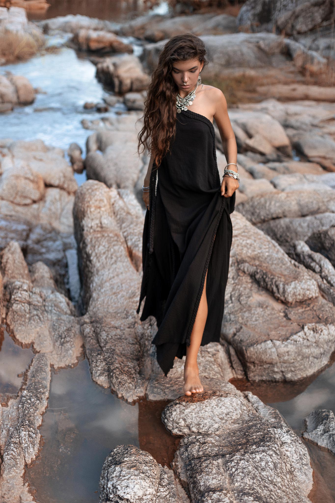 Black Aurora Greek Goddess Dress • Cold Shoulder Maxi Dress • Gothic Grecian Dress - AYA Sacred Wear