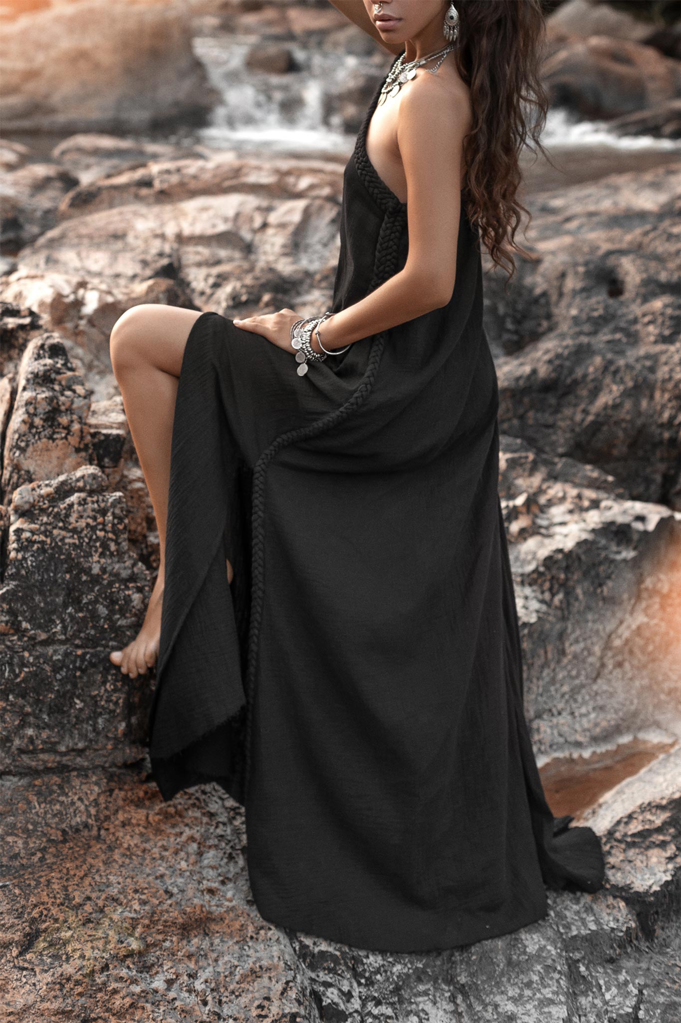 Black Aurora Greek Goddess Dress • Cold Shoulder Maxi Dress • Gothic Grecian Dress - AYA Sacred Wear