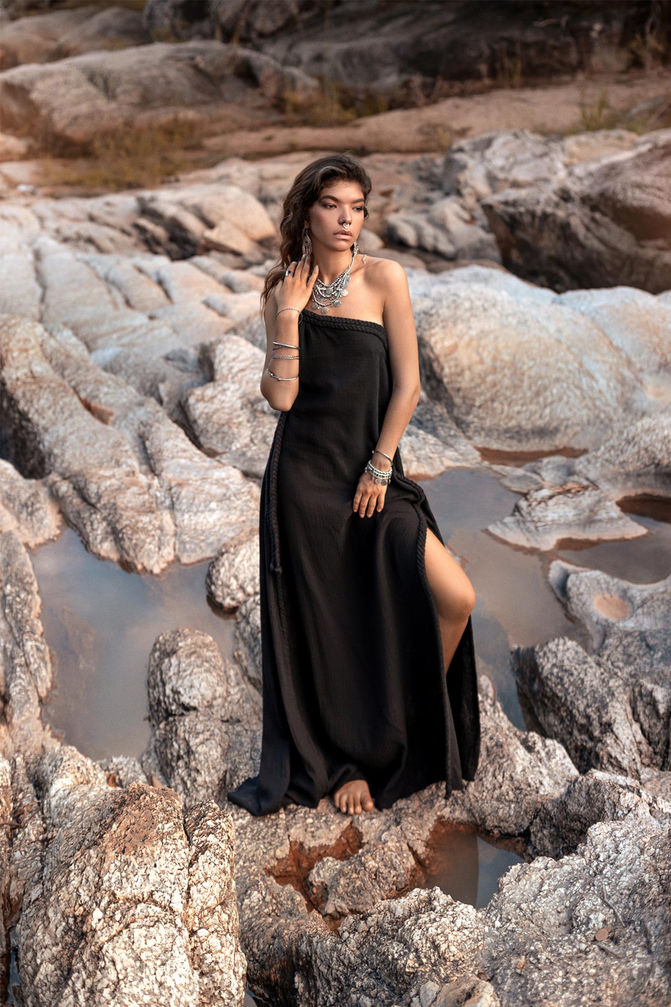 Black Aurora Greek Goddess Dress • Cold Shoulder Maxi Dress • Gothic Grecian Dress - AYA Sacred Wear