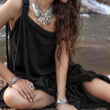 Black Aurora Greek Goddess Dress • Cold Shoulder Maxi Dress • Gothic Grecian Dress - AYA Sacred Wear