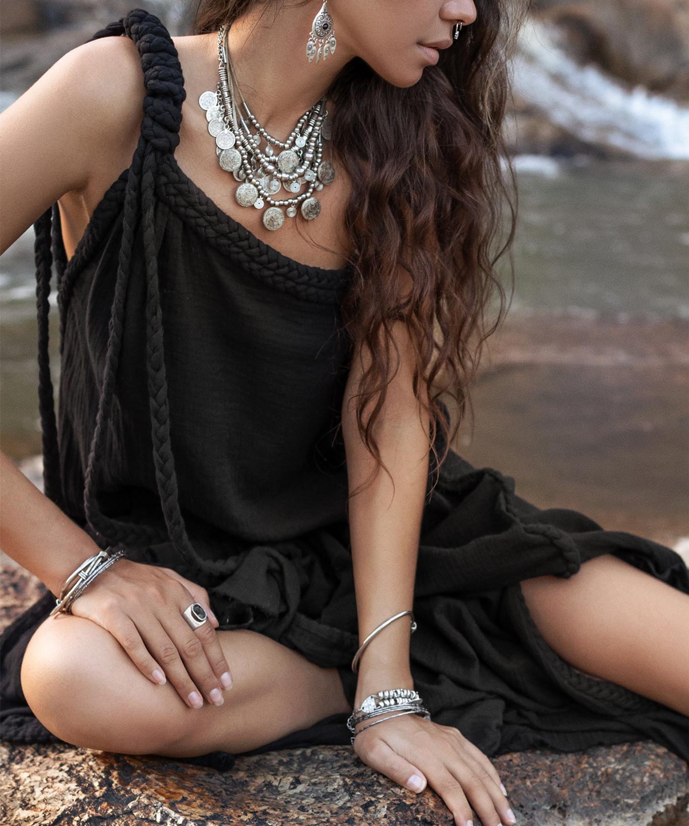 Black Aurora Greek Goddess Dress • Cold Shoulder Maxi Dress • Gothic Grecian Dress - AYA Sacred Wear