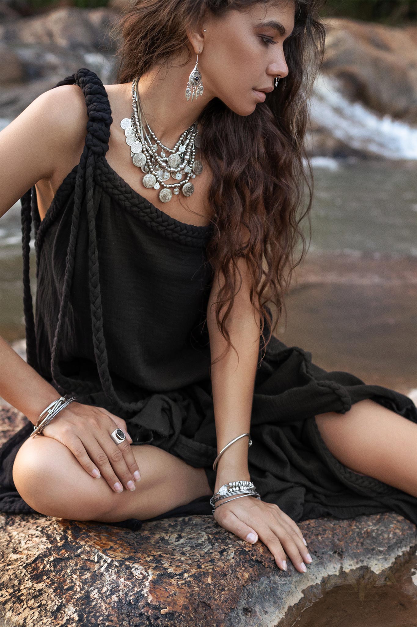 Black Aurora Greek Goddess Dress • Cold Shoulder Maxi Dress • Gothic Grecian Dress - AYA Sacred Wear