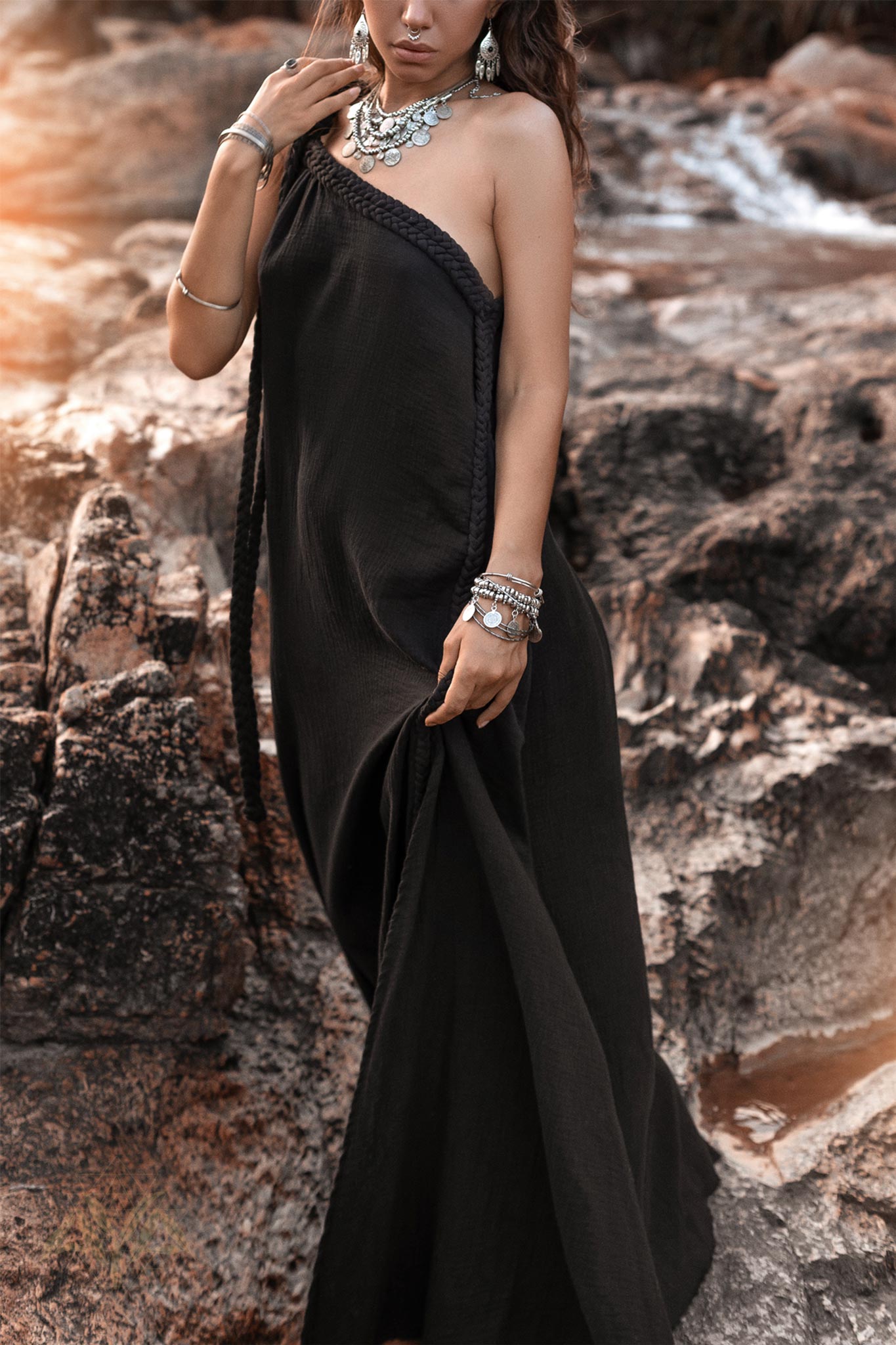 Black Aurora Greek Goddess Dress • Cold Shoulder Maxi Dress • Gothic Grecian Dress - AYA Sacred Wear