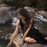 Black Aurora Greek Goddess Dress • Cold Shoulder Maxi Dress • Gothic Grecian Dress - AYA Sacred Wear