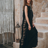 Black Boho Dress • Bohemian Dress • Ladder Sides Dress - AYA Sacred Wear