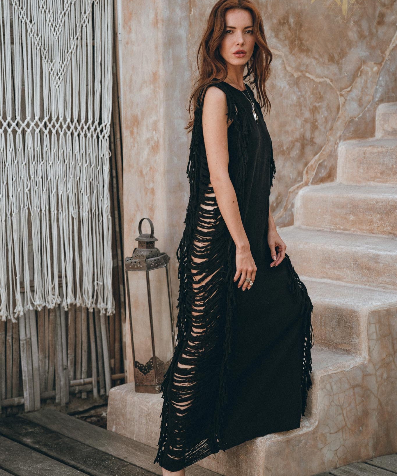 Black Boho Dress • Bohemian Dress • Ladder Sides Dress - AYA Sacred Wear