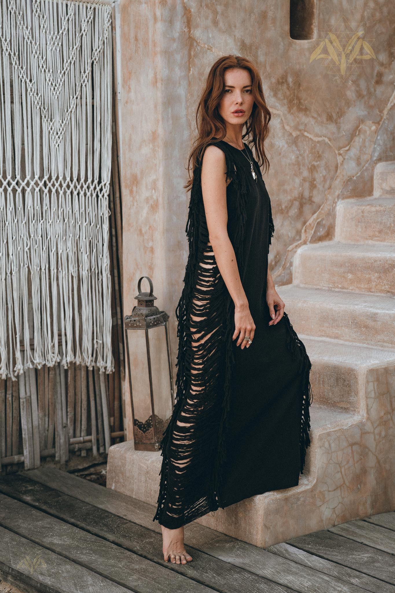 Black Boho Dress • Bohemian Dress • Ladder Sides Dress - AYA Sacred Wear