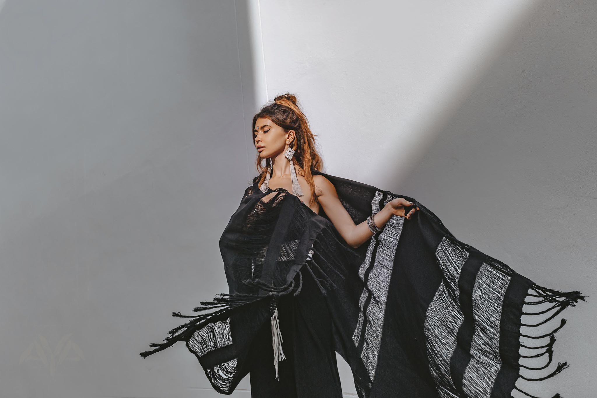 Black Boho Fringe Shawl • Cotton Scarf • Organic Sustainable Shawl - AYA Sacred Wear