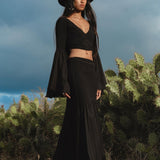 Black Boho Linen Set, Embroidered Indian Top, Maxi Skirt, Handmade Summer Festival Two Piece - AYA Sacred Wear