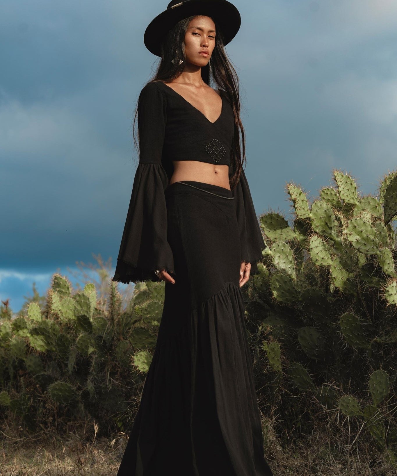 Black Boho Linen Set, Embroidered Indian Top, Maxi Skirt, Handmade Summer Festival Two Piece - AYA Sacred Wear