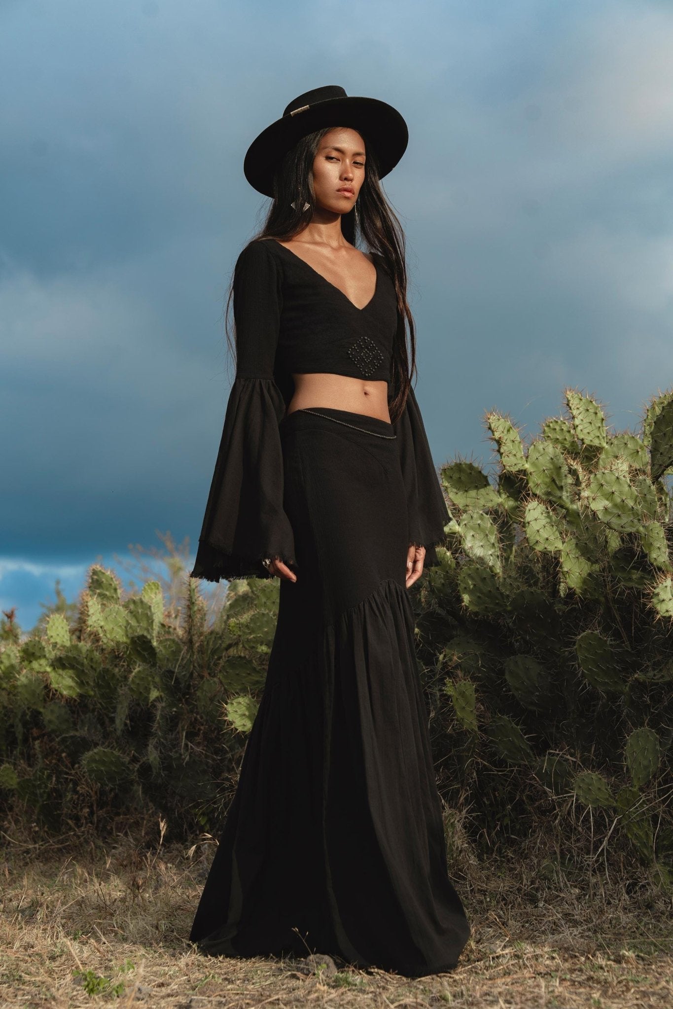 Black Boho Linen Set, Embroidered Indian Top, Maxi Skirt, Handmade Summer Festival Two Piece - AYA Sacred Wear