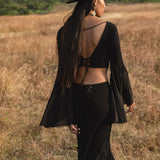 Black Boho Linen Set, Embroidered Indian Top, Maxi Skirt, Handmade Summer Festival Two Piece - AYA Sacred Wear