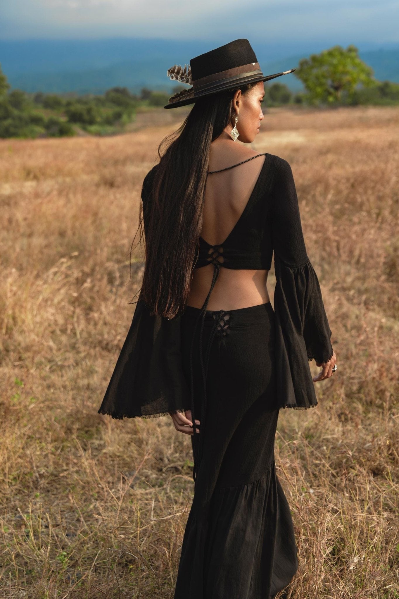 Black Boho Linen Set, Embroidered Indian Top, Maxi Skirt, Handmade Summer Festival Two Piece - AYA Sacred Wear