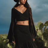 Black Boho Linen Set, Embroidered Indian Top, Maxi Skirt, Handmade Summer Festival Two Piece - AYA Sacred Wear