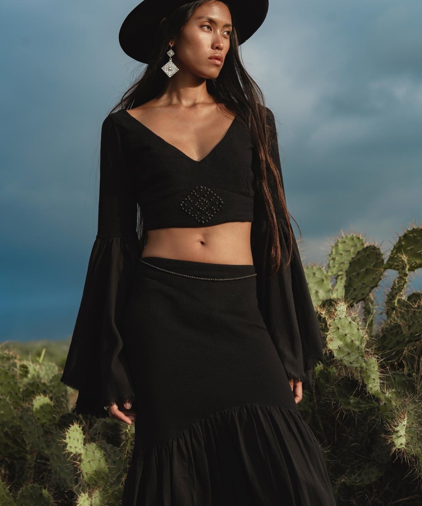 Black Boho Linen Set, Embroidered Indian Top, Maxi Skirt, Handmade Summer Festival Two Piece - AYA Sacred Wear