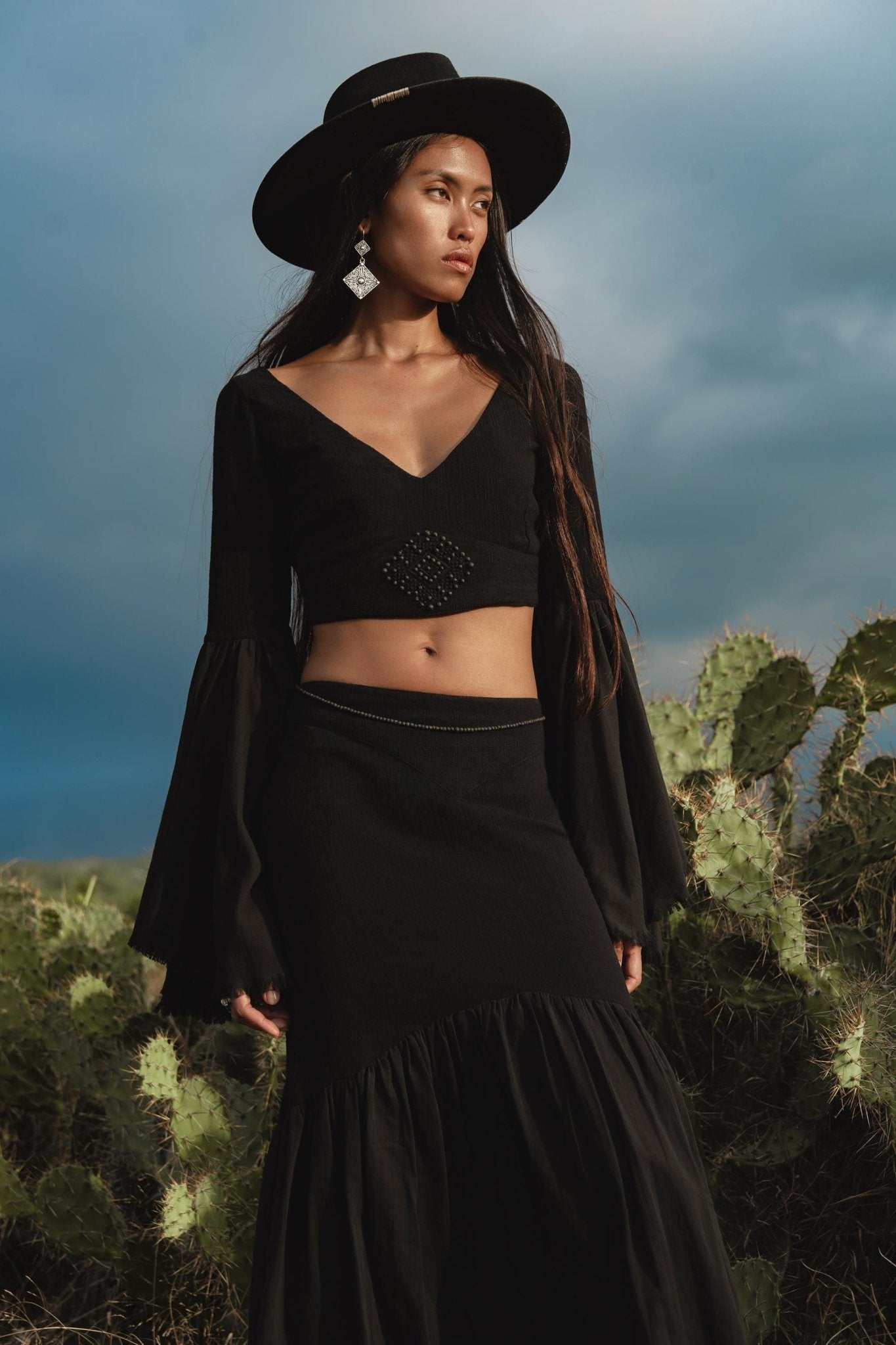 Black Boho Linen Set, Embroidered Indian Top, Maxi Skirt, Handmade Summer Festival Two Piece - AYA Sacred Wear