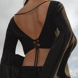 Black Boho Linen Set, Embroidered Indian Top, Maxi Skirt, Handmade Summer Festival Two Piece - AYA Sacred Wear