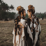 Black Boho Poncho • Hand Stitch Mantel with Hand Loomed Tassels - AYA Sacred Wear