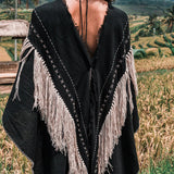 Black Boho Poncho • Hand Stitch Mantel with Hand Loomed Tassels - AYA Sacred Wear