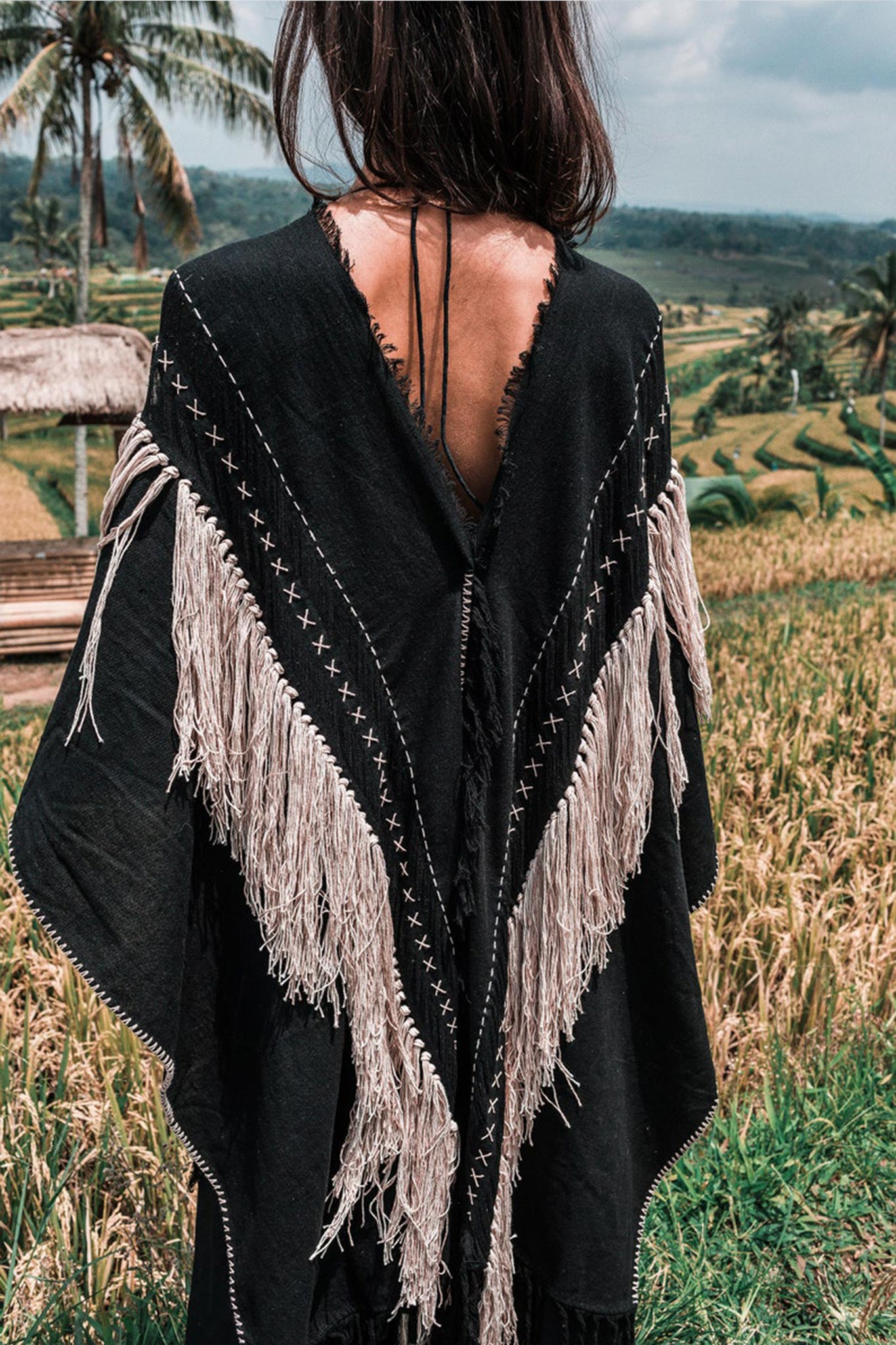 Black Boho Poncho • Hand Stitch Mantel with Hand Loomed Tassels - AYA Sacred Wear