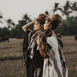 Black Boho Poncho • Hand Stitch Mantel with Hand Loomed Tassels - AYA Sacred Wear