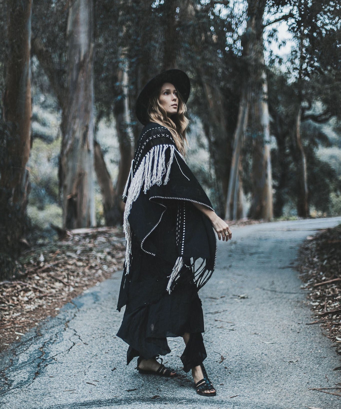 Black Boho Poncho • Hand Stitch Mantel with Hand Loomed Tassels - AYA Sacred Wear