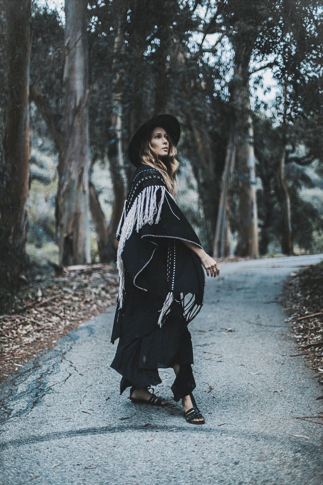 Black Boho Poncho • Hand Stitch Mantel with Hand Loomed Tassels - AYA Sacred Wear