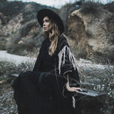 Black Boho Poncho • Hand Stitch Mantel with Hand Loomed Tassels - AYA Sacred Wear